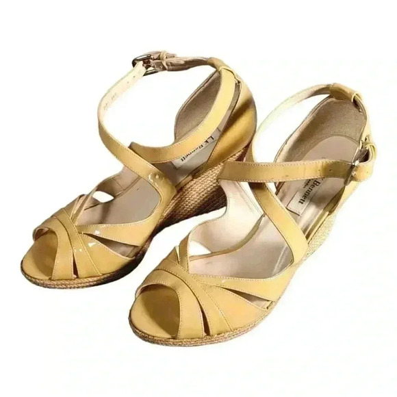 Lk Bennett Priya Sandals Tan Beige Nude 8.5 Espadrille Wedge Patent Leather 39.5 - Picture 3 of 8